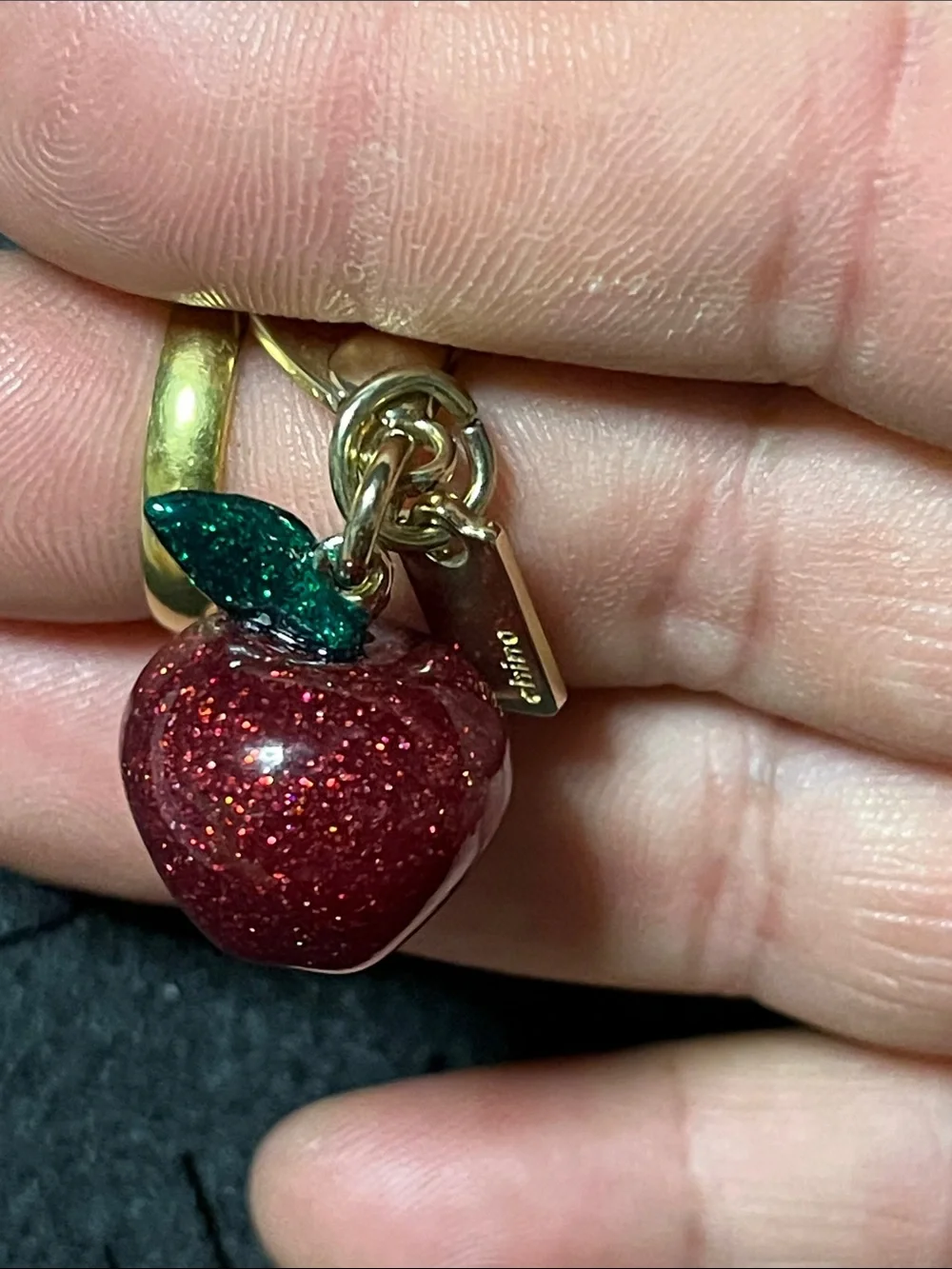 Coach Red Glitter Apple Charm with Green Leaf & Gold Hardware Key Clip